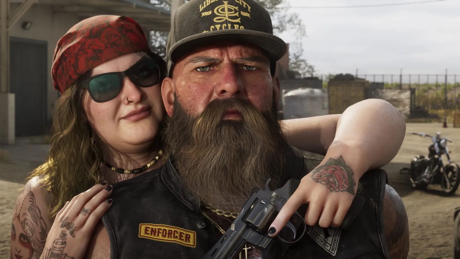 A close portrait of a biker couple in GTA 6's Ambrosia, one in a red cap and sunglasses