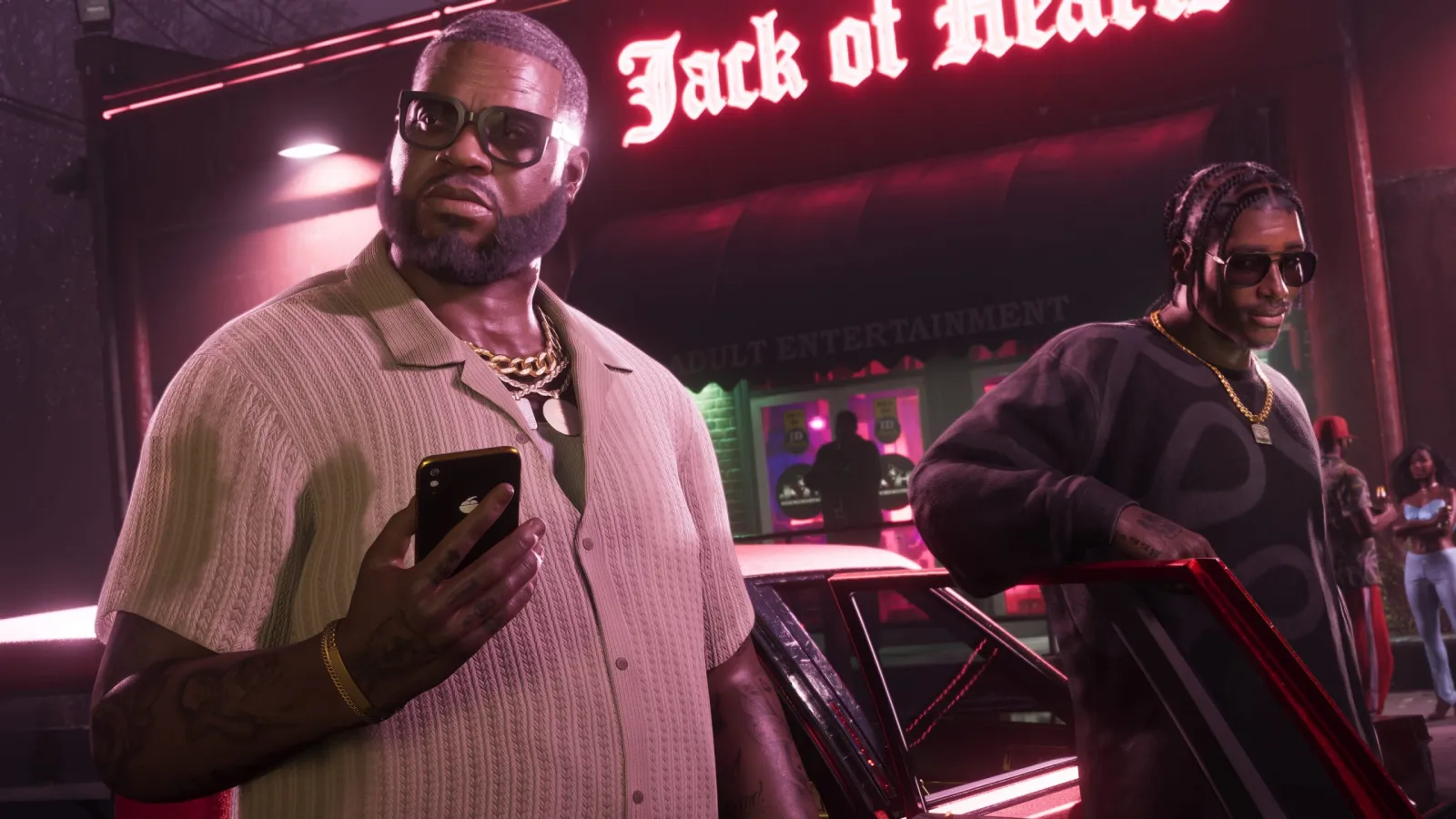 GTA 6 characters outside a 'Jack of Hearts' club at night, including Boobie Ike
