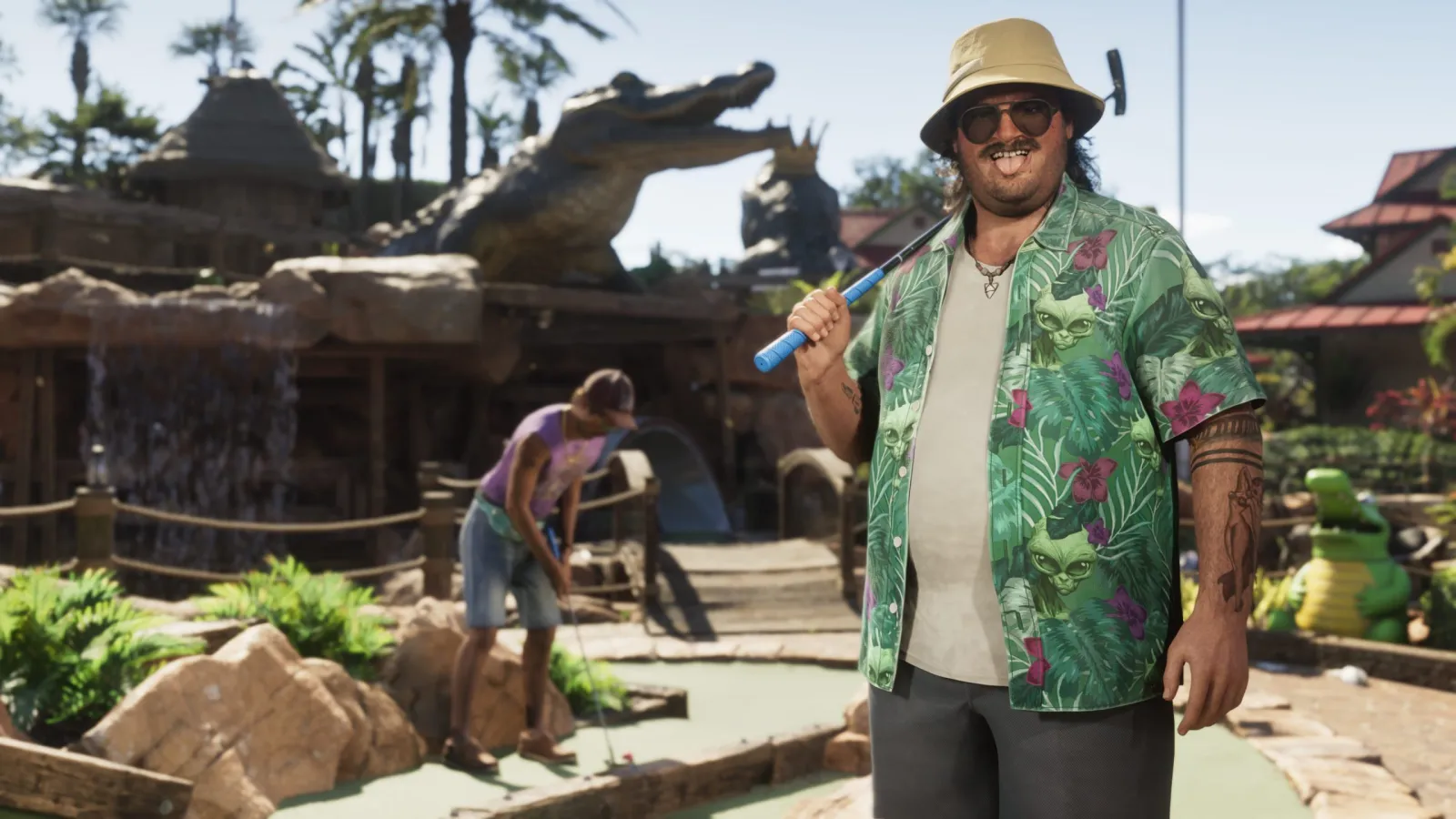 Cal Hampton, a GTA 6 character in a Hawaiian shirt, standing in a sunlit cluttered yard