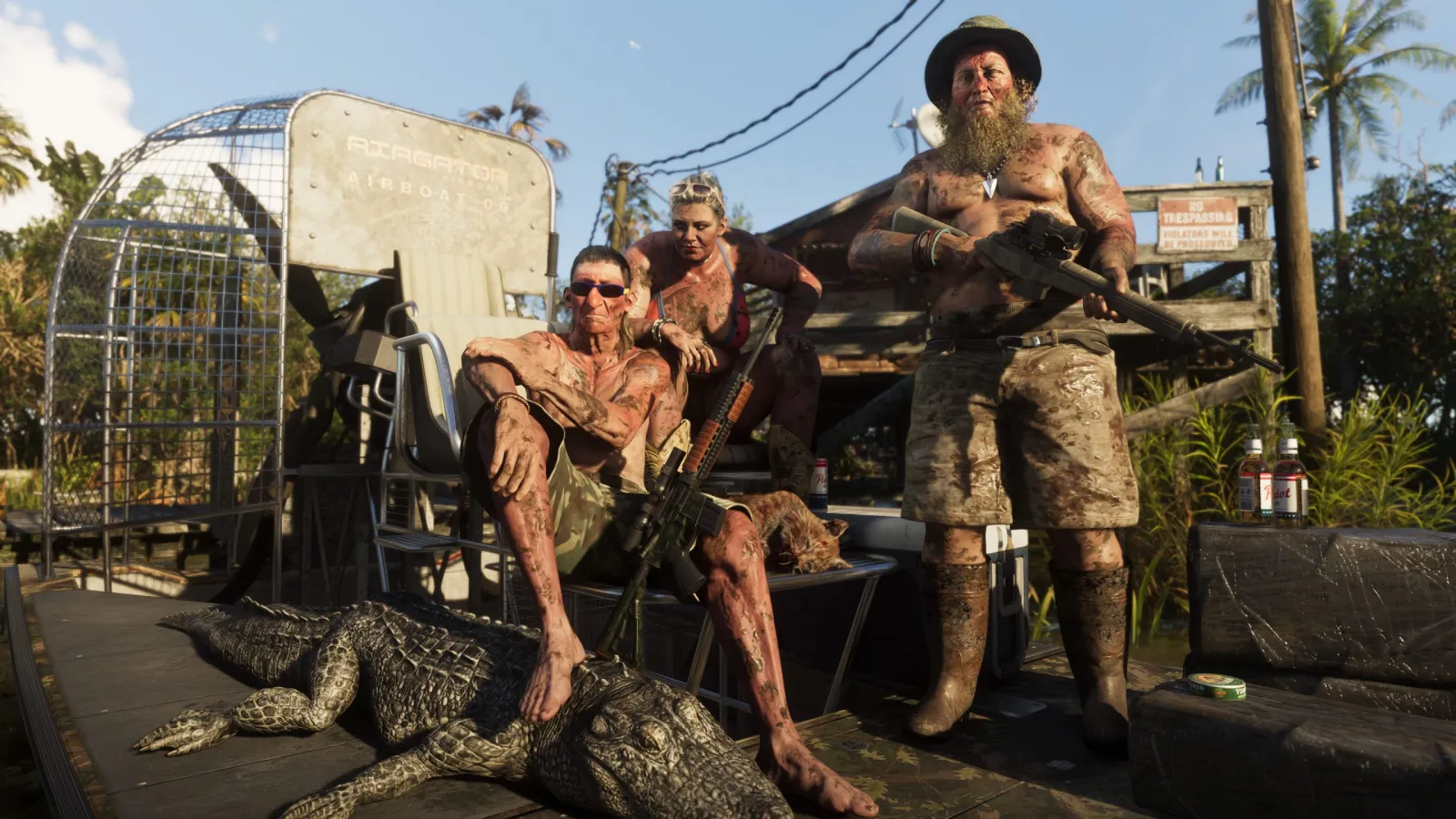 Swamp locals in GTA 6's Grassrivers gathered by a greenhouse with airboats moored nearby