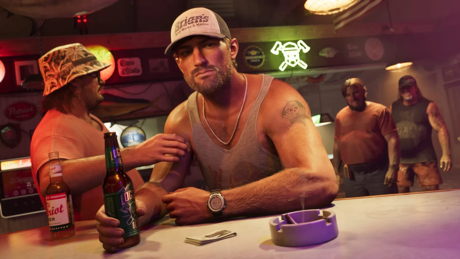 Jason and another character from GTA 6 drinking at an outdoor bar table in daylight