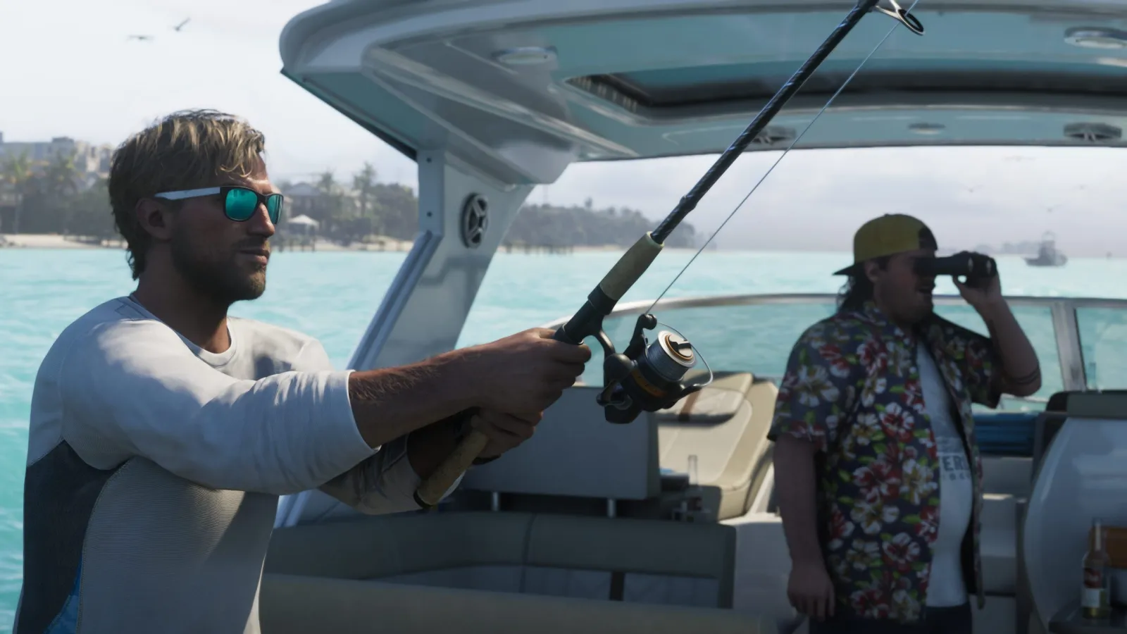 Jason Duval, a GTA 6 protagonist, fishing from a boat on turquoise water in the Leonida Keys