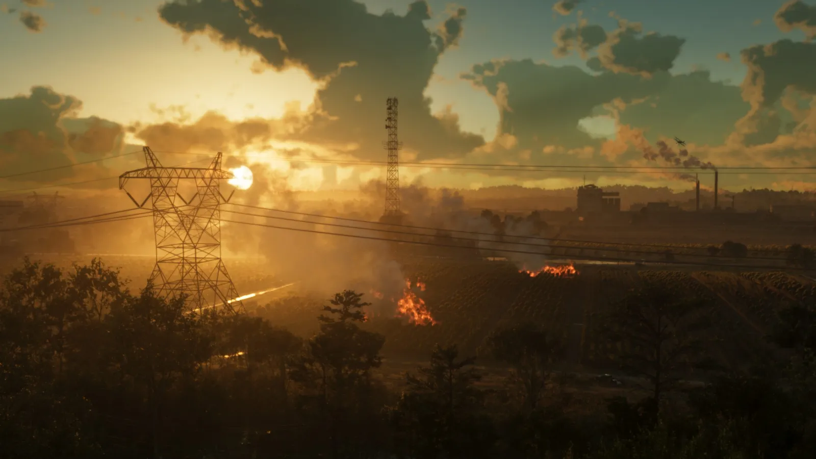 A golden-hour Leonida countryside in GTA 6 with power-line towers, farmland and a crop-duster plane
