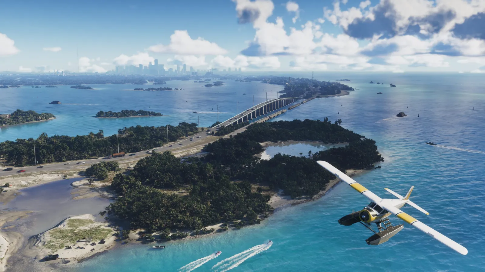 A sweeping aerial of the Leonida Keys in GTA 6, a long causeway bridge linking islands toward Vice City