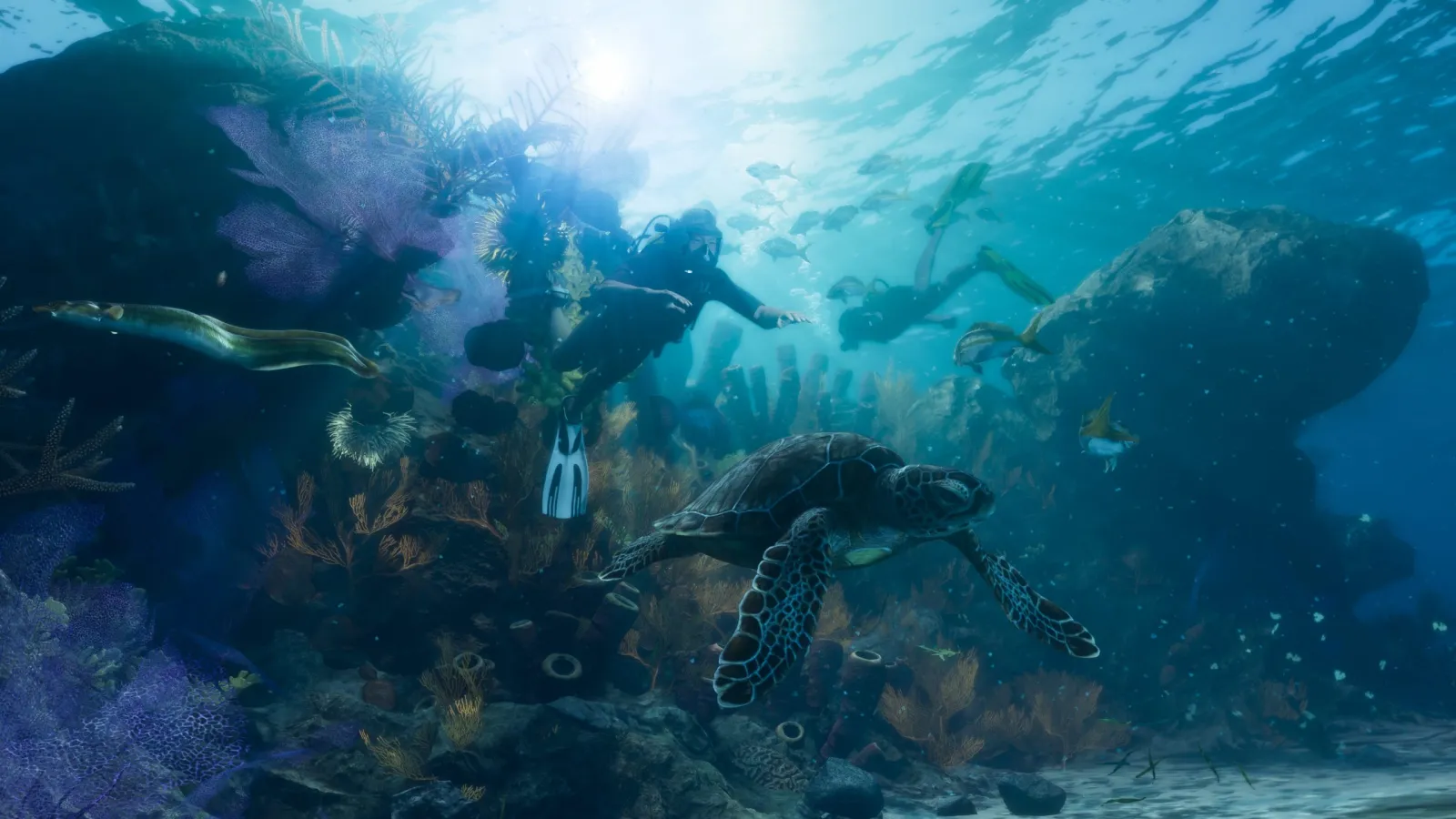 An underwater coral reef in GTA 6's Leonida waters, divers swimming past a sea turtle and fish