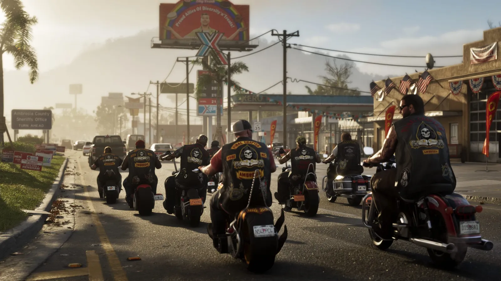 A pack of bikers riding down a small Leonida town's main street in GTA 6, hills behind
