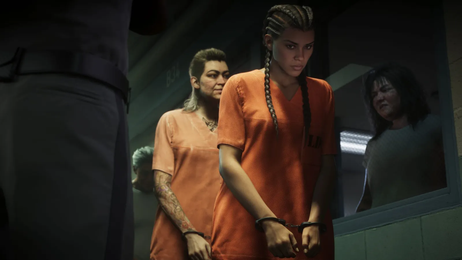 Lucia from GTA 6 in an orange prison jumpsuit being led by a guard along a corridor