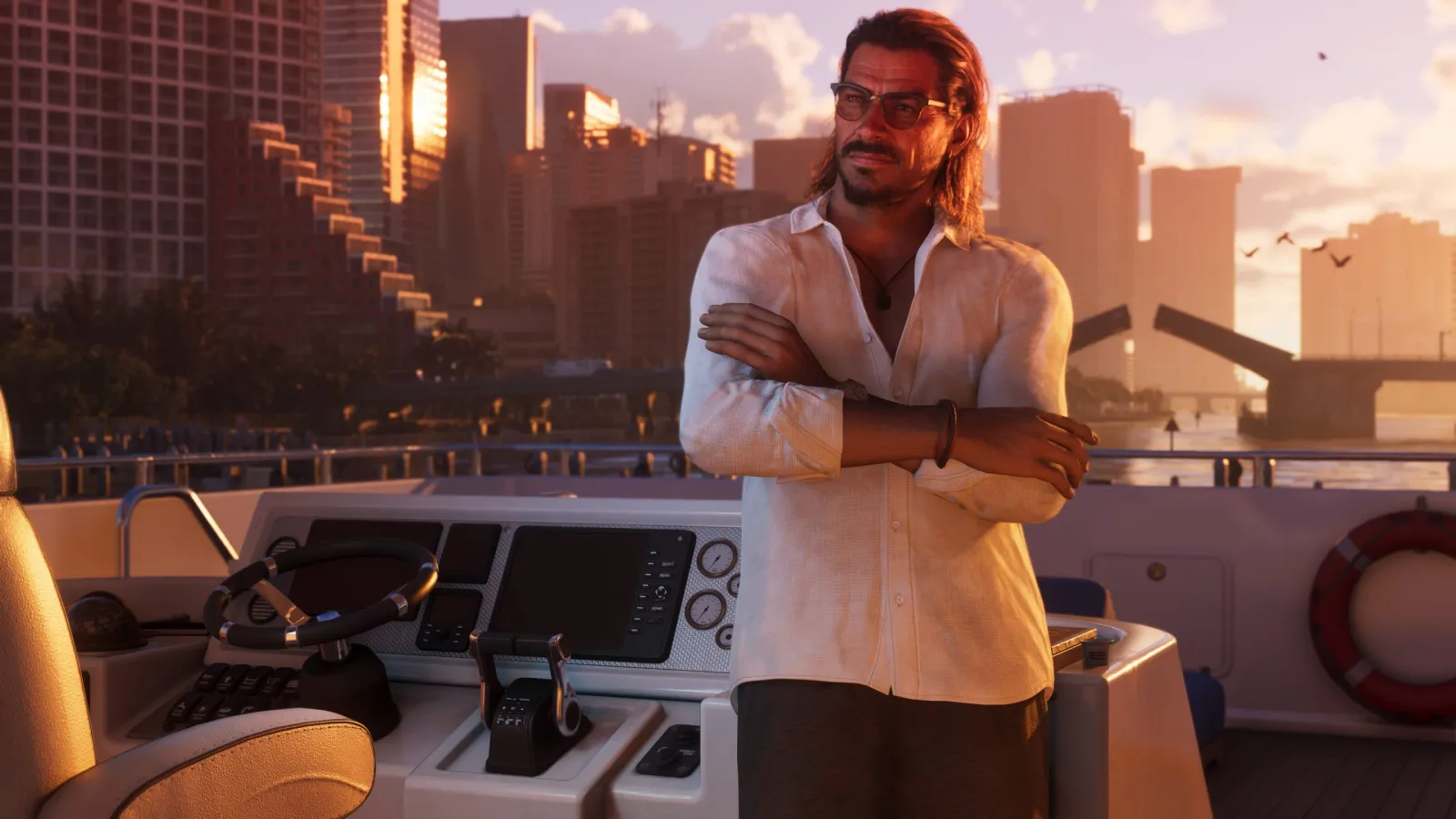 Raul Bautista, a GTA 6 character, leaning on a boat at a sunlit harbor