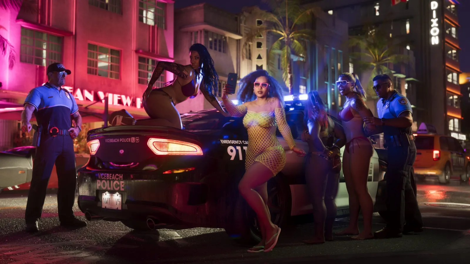 Neon nightlife on the Vice City strip in GTA 6, art-deco facades under hot-pink light