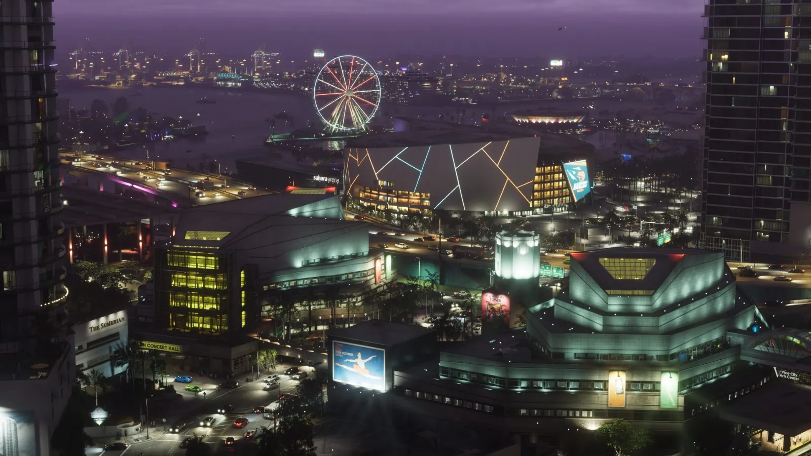 Aerial night view of the Vice City skyline in GTA 6, a lit Ferris wheel and glowing waterfront